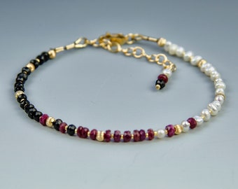 Precious Gemstone Ombre Bracelet, Genuine Ruby, Spinel, Pearl, & Gold Bracelet, Elegant Skinny Bracelet, Natural Gemstone, Delicate Bracelet