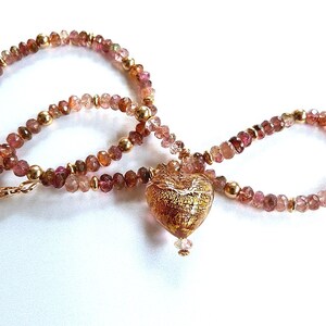 Pink Tourmaline Heart Necklace, Gem Necklace w 24K Gold Foil Venetian Glass Heart Pendant, Handmade with Natural Gemstones and Murano Glass image 1