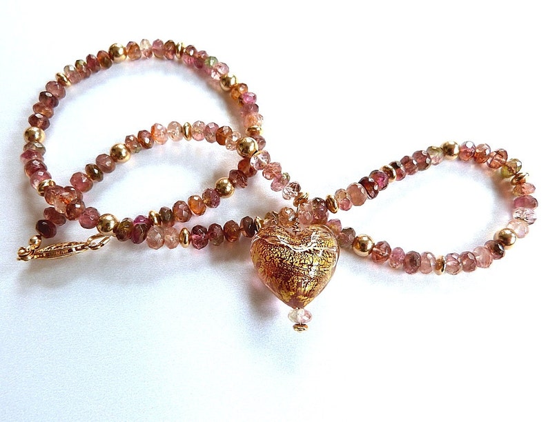 Pink Tourmaline Heart Necklace, Gem Necklace w 24K Gold Foil Venetian Glass Heart Pendant, Handmade with Natural Gemstones and Murano Glass image 1