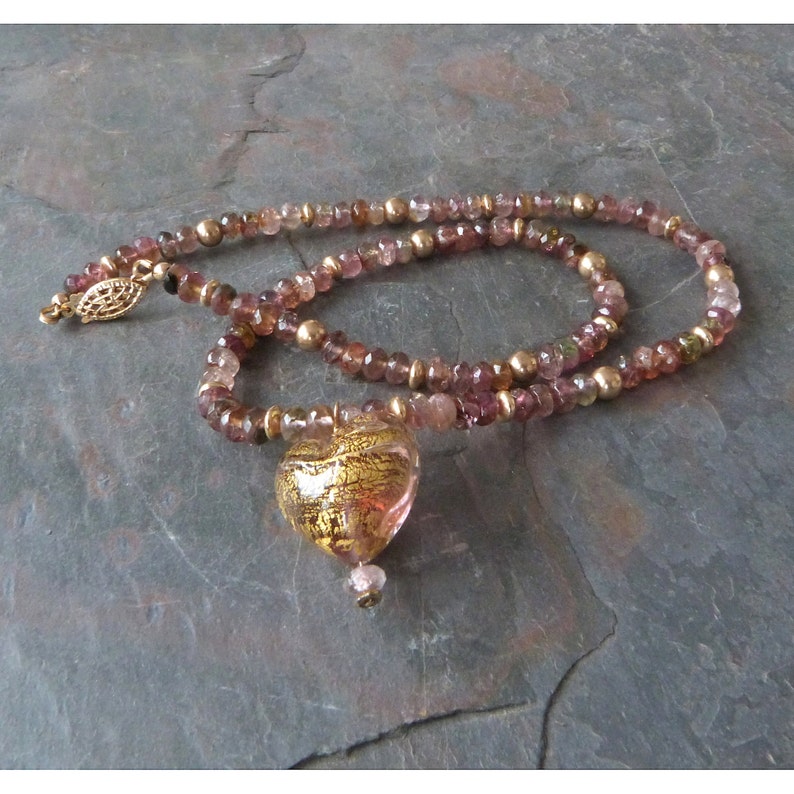 Pink Tourmaline Heart Necklace, Gem Necklace w 24K Gold Foil Venetian Glass Heart Pendant, Handmade with Natural Gemstones and Murano Glass image 3