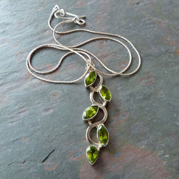 Sterling Silver and Peridot Vine Pendant Necklace, Genuine Gemstone, Handmade