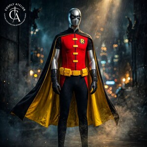 Disfraz de superhéroe rojo y negro inspirado en la película / Conjunto de traje y capa