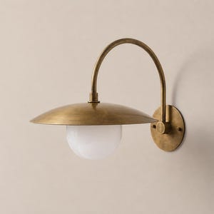 Mid Century Modern Wall Sconce, Brass Wall Light, White Globe Shade, Vintage Inspired Bedroom, Living Room & Hallway Fixture