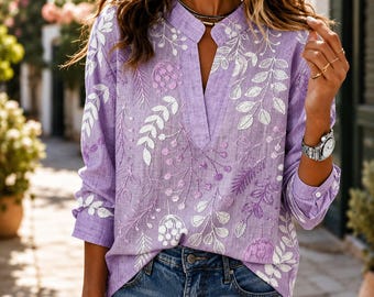 Women’s Floral Print Blouse Button Front Long Sleeve Casual Shirt