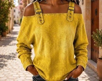 Women’s Off Shoulder Blouse Buckle Strap Long Sleeve Casual Topv