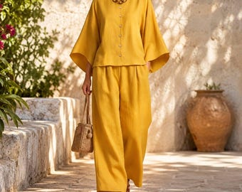 Linen Cotton Two Piece Set, Women's Matching Top and Wide Leg Pants