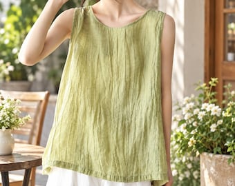 Damen-Tanktop aus Baumwoll-Leinen, locker geschnitten, ärmellos, lässige Sommerbluse, leicht, ideal für Alltag und Urlaub