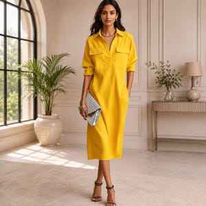 May include: A vibrant yellow midi-length shirt dress featuring a collared neckline, long sleeves with buttoned cuffs, and two chest pockets. The dress is paired with a silver-toned clutch, a layered necklace, and black strappy high-heeled sandals.
