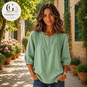 Embroidered Cotton Linen Blouse for Women, Floral Casual Top, Elegant Lightweight Everyday Summer Shirt