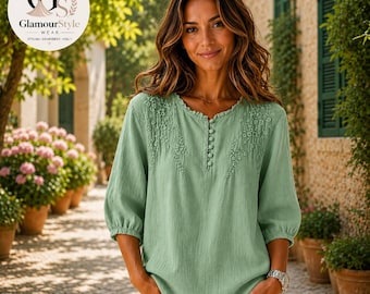 Blusa de algodón y lino bordada para mujer, top informal floral, elegante camisa ligera para el día a día en verano.