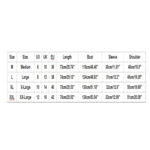 May include: A black and white size chart table with columns for Size, US, UK, EU, Length, Bust, Sleeve, and Shoulder measurements. The table lists sizes M, L, XL, and XXL with corresponding metric and imperial values for each garment dimension.