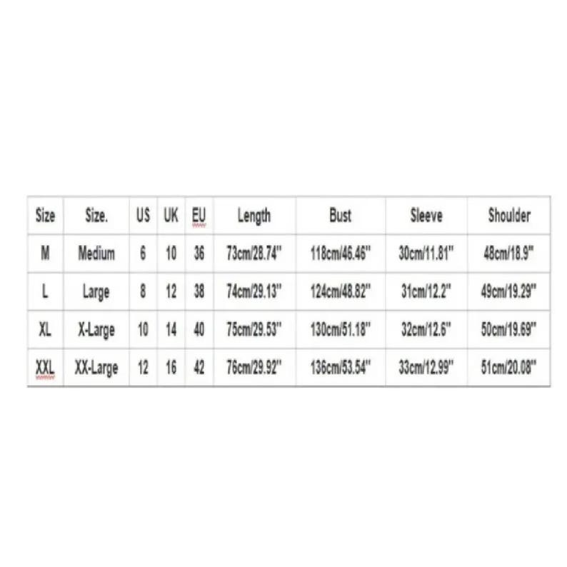 May include: A black and white size chart table with columns for Size, US, UK, EU, Length, Bust, Sleeve, and Shoulder measurements. The table lists sizes M, L, XL, and XXL with corresponding metric and imperial values for each garment dimension.