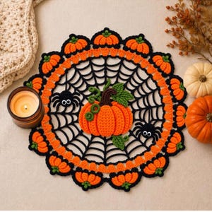 May include: A round crochet doily featuring a black spiderweb pattern, two small black spiders with white eyes, and a central orange pumpkin with green leaves. The border is decorated with a repeating pattern of small orange pumpkins.