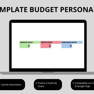 Può includere: Un modello di budget personale digitale visualizzato su uno schermo di un portatile con il testo TEMPLATE BUDGET PERSONALE. Presenta tre riquadri colorati etichettati ENTRATE TOTALI, USCITE TOTALI e RISPARMIO NETTO, ciascuno con valore zero.