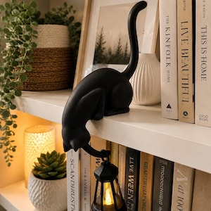 May include: A matte black cat figurine perched on a shelf edge with its tail held high. The cat holds a small, black, hexagonal lantern in its front paw, which contains a warm, glowing, battery-operated light that illuminates the space below.