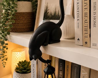 Cat shelf ornament holding hanging lantern, book lover gift, home decor, cat lover gift, handmade, unique 3d printed. Shelf light.