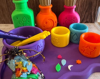 Potion play set, toddler child gift , Imaginative Pretend Play, Sensory , asn activity. Set includes ingredients and wand.