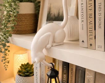 Cat shelf ornament holding hanging lantern. Book lover gift. Cosy hole decor, cat lover, cute unique 3d printed light.