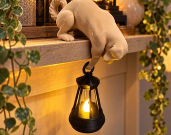 Dog shelf ornament holding hanging lantern, book lover gift, home decor, dog lover gift, handmade, unique 3d printed. Shelf light.