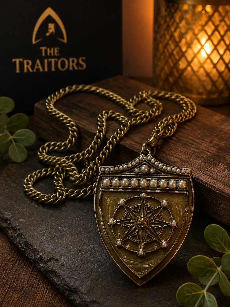 Puede incluir: Un collar con colgante de metal en tono lat&oacute;n que presenta un dije en forma de escudo con un dise&ntilde;o de rosa de los vientos en relieve. El escudo est&aacute; decorado con peque&ntilde;as perlas blancas en el borde superior y en los puntos cardinales.