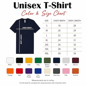 Puede incluir: Un gr&aacute;fico de camiseta azul marino con una tabla de tallas que muestra el ancho del pecho y la longitud del cuerpo en pulgadas. La tabla enumera las tallas de S a 4XL con las medidas correspondientes. Debajo hay veinte muestras de color etiquetadas con nombres como White, Black, Gold, Kelly, Military Green, Navy, Ash, Maroon, Orange, Red, Team Purple, True Royal, Natural, Dark Grey, Pink y Autumn.
