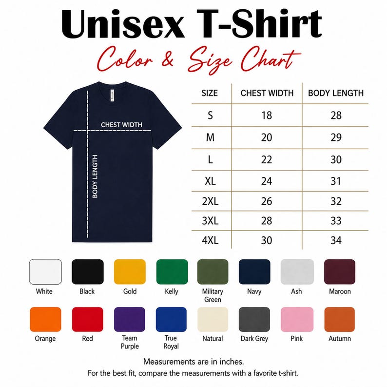 Puede incluir: Un gr&aacute;fico de camiseta azul marino con una tabla de tallas que muestra el ancho del pecho y la longitud del cuerpo en pulgadas. La tabla enumera las tallas de S a 4XL con las medidas correspondientes. Debajo hay veinte muestras de color etiquetadas con nombres como White, Black, Gold, Kelly, Military Green, Navy, Ash, Maroon, Orange, Red, Team Purple, True Royal, Natural, Dark Grey, Pink y Autumn.