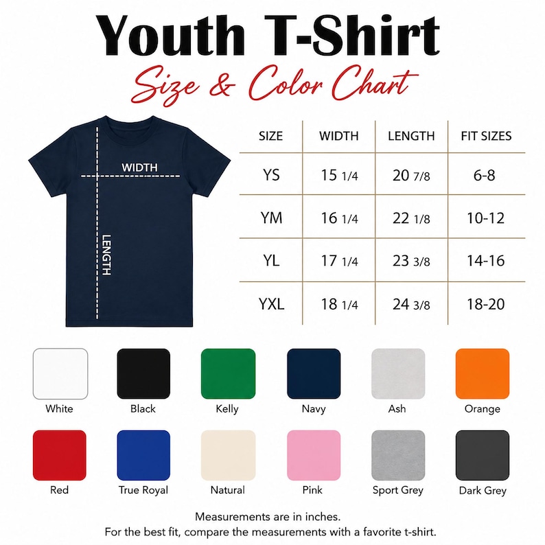 Puede incluir: Una tabla de tallas y colores para camisetas juveniles con un diagrama de camiseta azul marino y medidas en pulgadas. La tabla enumera las tallas YS, YM, YL y YXL. Debajo hay muestras de colores: blanco, negro, kelly, marino, ceniza, naranja, rojo, azul real, natural, rosa, gris deportivo y gris oscuro.