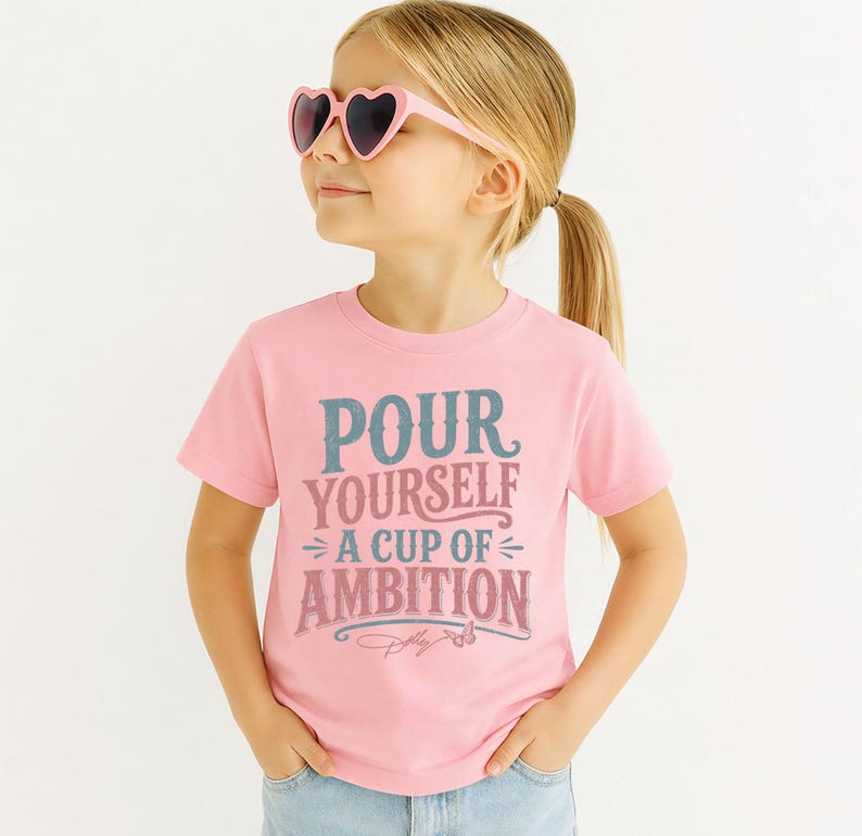 Puede incluir: Una camiseta de manga corta de color rosa claro con el texto "POUR YOURSELF A CUP OF AMBITION" en letras azules y rosas, que incluye un peque&ntilde;o gr&aacute;fico de mariposa y una firma en la parte inferior, combinada con gafas de sol rosas en forma de coraz&oacute;n.