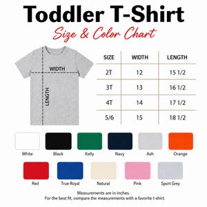 Puede incluir: Una tabla de tallas y colores para camisetas de ni&ntilde;o peque&ntilde;o con una ilustraci&oacute;n de una camiseta gris y etiquetas de ancho y largo. Una tabla enumera las tallas de 2T a 5/6 con medidas en pulgadas. Doce muestras de color se muestran abajo.