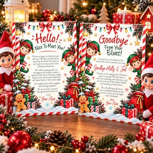 May include: Two rectangular Christmas cards featuring illustrations of elves, gingerbread men, and gifts. The left card reads Hello! Nice To Meet You! and the right card reads Goodbye From Your Elves! with the names Molly & Ted printed in red.