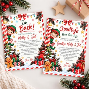 May include: Two rectangular Christmas cards featuring a cartoon elf, a gingerbread man, and festive decorations. The left card reads I'm Back! and the right card reads Goodbye From Your Elf, both personalized with the names Molly & Jed.