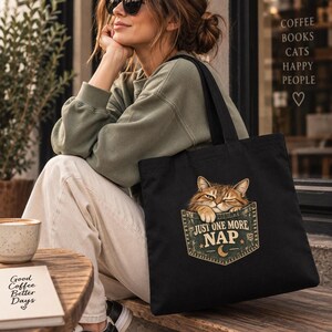 Cat Tote Bag, Black Retro Design with Sleepy Tabby Pocket