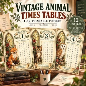 Times Tables Vintage Animal Printable Posters, 1-12 PDF Math Wall Art