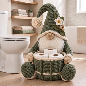 Op de afbeelding: Een gehaakt kabouterfiguur in olijfgroene en beige tinten, met een hoge puntmuts versierd met een witte bloem en groene bladeren. De kabouter heeft een lange witte baard en houdt een bijpassende gehaakte mand vast met drie rollen wit toiletpapier.