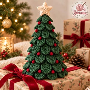 Patrón de árbol de Navidad a crochet en PDF, cono de hojas en capas, patrón para principiantes avanzados, decoración navideña de mesa, remate en forma de estrella.