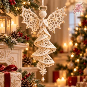 May include: A cream-colored crocheted angel ornament featuring an intricate lace-like wing design, a spiral skirt, and a halo. The figure has hands pressed together in prayer and is embellished with small white beads throughout the structure.