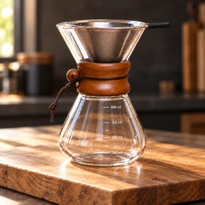 Puede incluir: Una cafetera de goteo de vidrio con forma cónica, que cuenta con un filtro de malla de acero inoxidable en la parte superior. Un collar de madera rodea el cuello, asegurado por un cordón de cuero y una cuenta de madera. La base de vidrio muestra marcas de volumen hasta 400 ml.