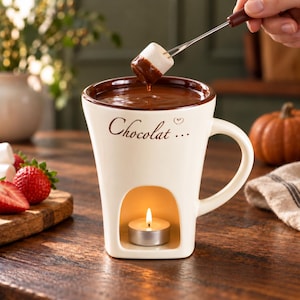 Op de afbeelding: Een crèmekleurige keramische chocoladefonduemok met een bruine rand en handvat. De voorzijde is voorzien van de tekst "Chocolat..." met een klein hartje erboven. Een boogvormige opening aan de onderkant bevat een brandend waxinelichtje.