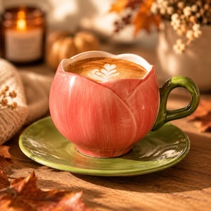 May include: A ceramic cup shaped like a pink tulip flower with a green handle, resting on a matching green saucer. The cup is filled with coffee featuring a white latte art heart design on the surface, showcasing a smooth, glossy finish.