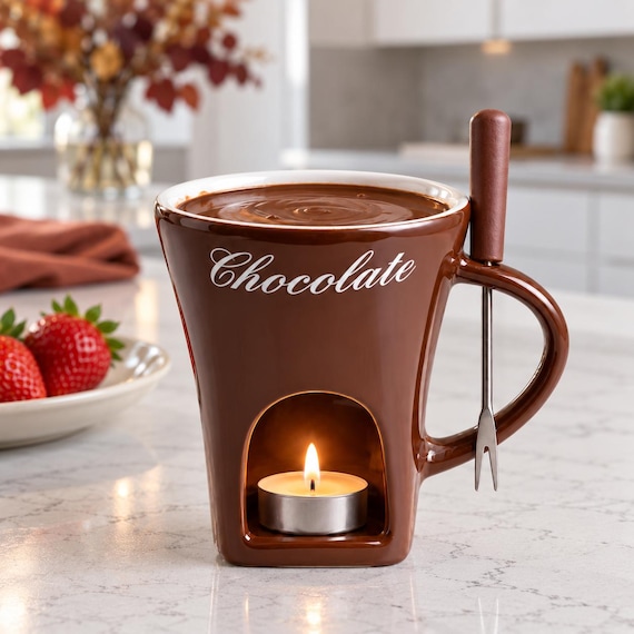 Schokoladenfondue-Set mit Becher und Dipgabel, braunes Keramik-Mini-Dessertgefäß für gemütliche Abende, Herbstgeschenk für Schokoladenliebhaber