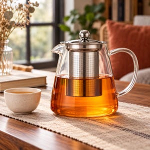 Op de afbeelding: Een theepot van helder glas met een roestvrijstalen deksel en een cilindrische zeefinzet. De theepot bevat amberkleurige thee en heeft een gebogen glazen handvat en een kleine tuit, vergezeld door een kleine, gespikkelde beige theekop.
