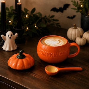 Könnte beinhalten: Ein orangefarbener, kürbisförmiger Keramikbecher mit der Prägung PUMPKIN CUP an der Seite, gefüllt mit Latte Art. Das Set enthält einen passenden kürbisförmigen Deckel mit grünem Stiel und einen kleinen orangefarbenen Löffel mit gelber Innenseite.