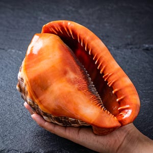 Op de afbeelding: Een grote, gepolijste helmschelp met een levendige, glanzende oranje opening die overgaat in een getextureerde, bruin en crème gekleurde buitenkant. De schelp heeft een brede, gebogen opening met duidelijke, ribbelachtige tanden aan de rand.