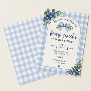 May include: A light blue and white gingham birthday invitation card featuring a blue bow, blueberry illustrations, and text reading: You're invited to berry sweet's 3rd birthday, 27th Oct, Sat, 3pm, 123 anywhere, any city st.345, RSVP to Hanna at 123-456-7890.