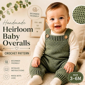 Puede incluir: Un patrón de ganchillo para petos de bebé hechos a mano en color verde oliva. El texto incluye "Handmade Heirloom Baby Overalls," "Crochet Pattern," "Beginner Friendly," "Detailed Instructions," "Made With Love," y "Size 3-6M."