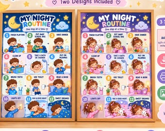 May include: Two kids night routine charts in wooden frames, each featuring twelve numbered steps with illustrations of children performing tasks like brushing teeth and reading. Includes digital download info for A4, 8.5x11, and 8x10 inch sizes.