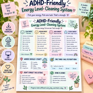 May include: A white ADHD-Friendly Energy Level-Cleaning System chart with pastel sections. It features checklists for low, medium, high, and extra energy levels, plus sections for starting points, timer settings, and completion affirmations with icons.