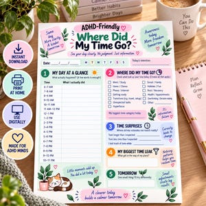 May include: A printed ADHD-friendly daily planner sheet titled Where Did My Time Go? featuring a time-tracking table from 6 AM to 11 PM, numbered sections for daily reflection, checkboxes for activities, and a small illustration of a sleeping cat.