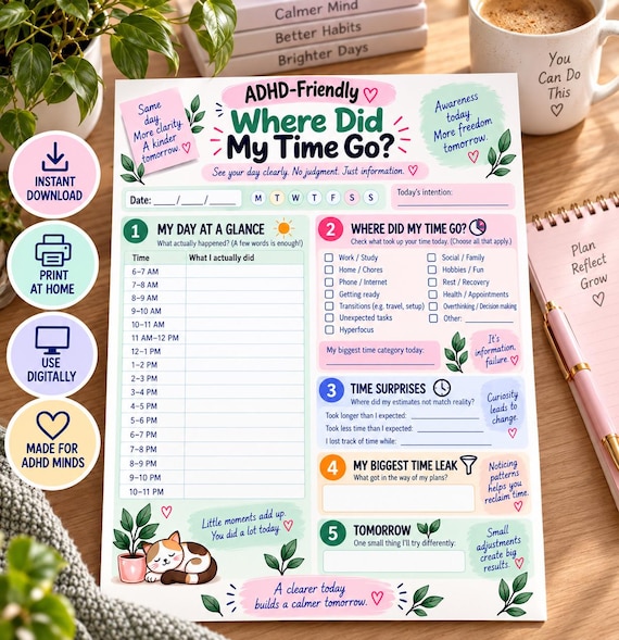 ADHD Time Blindness Tracker, Daily Time Awareness Planner (Digital Download)