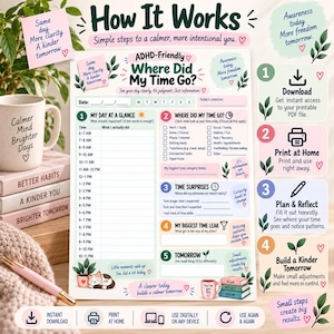 Puede incluir: Una hoja de planificaci&oacute;n diaria imprimible para personas con TDAH titulada Where Did My Time Go? con secciones para registrar actividades, uso del tiempo, sorpresas, fugas de tiempo y objetivos, decorada con colores pastel suaves e ilustraciones.